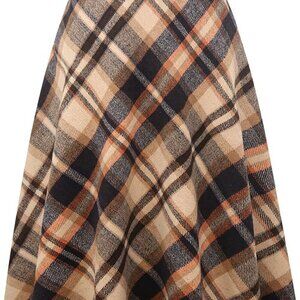 Womens Plaid Wool Skirts Elastic Waist A-Line Pleated Tartan Long Skirts